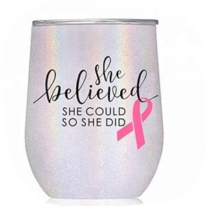 Klubi Wine Tumbler Breast Cancer Awareness Ribbon Iridescent Glitter White Lid